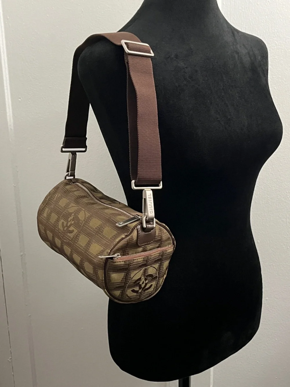 Chanel New Travel Line Mini Roll or Barrel Bag in a khaki or olive green color